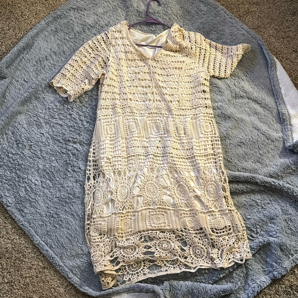 Cato Beige Crochet Lace Midi Dress